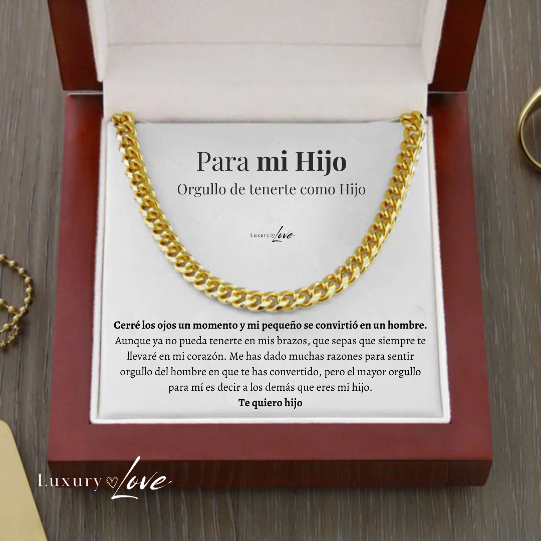 Collar Cuban Style® Dorado para mi Hijo (con carta dedicada y Caja con Luz)