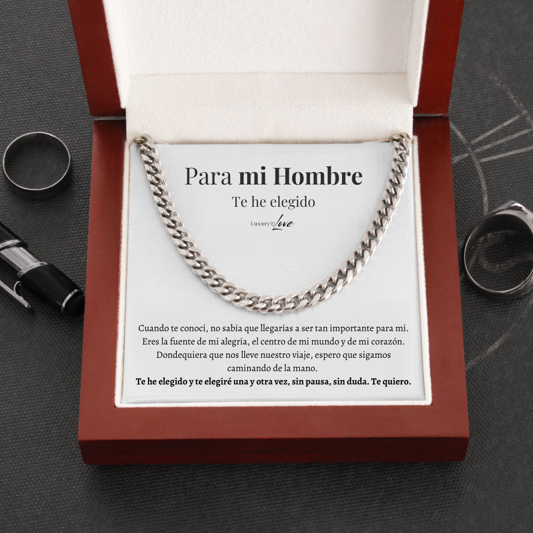 Collar Cuban Style® Plateado para mi Hombre (con carta dedicada y Caja con Luz)